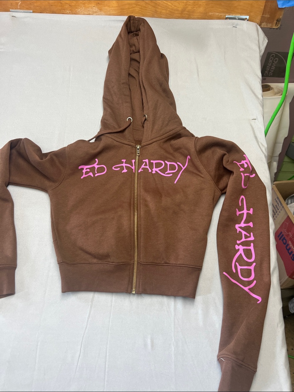 Ed Hardy Brown Zip Hoodie with Pink Logo Script
